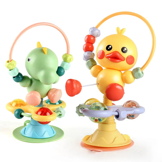 Toddler engaged with a versatile suction toy, ideal for crib, high chair, and floor play