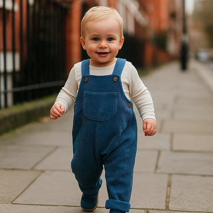 Close-up of ribbed fabric texture on unisex baby overalls, highlighting the cotton blend material.