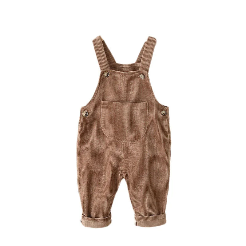 Toddler wearing stylish unisex ribbed overalls, ideal for all-season baby clothing.
