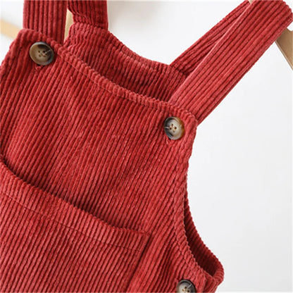 Back view of charming unisex baby ribbed overalls, emphasizing the casual toddler fashion style.