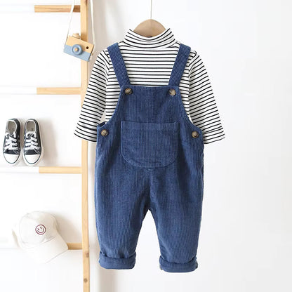 Unisex baby ribbed fabric overalls in a modern design, suitable for everyday infant apparel.