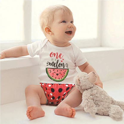 Unisex baby romper, 'One in a Melon' print, short sleeve cotton blend infant bodysuit