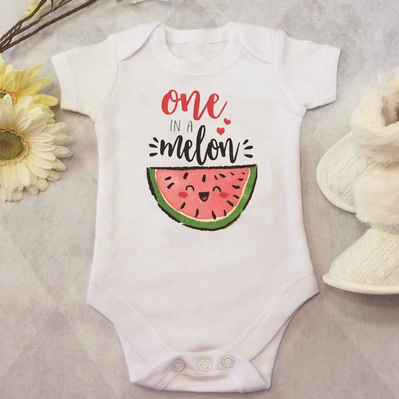 Soft cotton blend baby romper, unisex, featuring 'One in a Melon' graphic and short sleeves