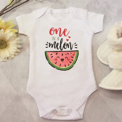Soft cotton blend baby romper, unisex, featuring 'One in a Melon' graphic and short sleeves