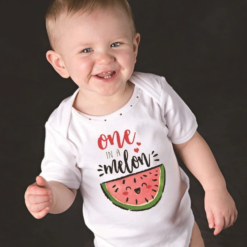 Infant bodysuit, 'One in a Melon' themed, perfect unisex baby clothes with watermelon print