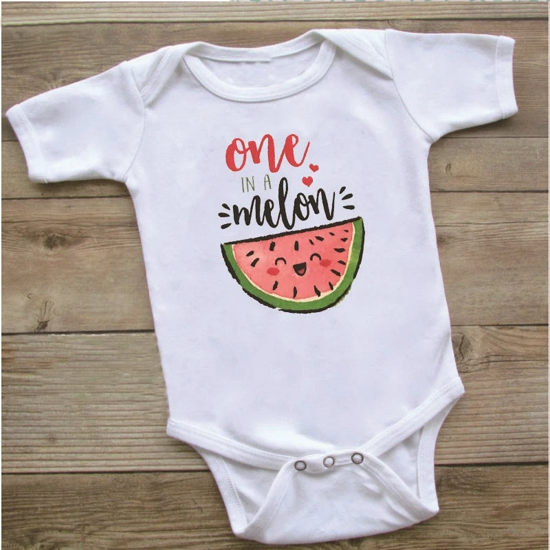 Unisex short sleeve baby romper, 'One in a Melon' design, made from comfortable cotton blend