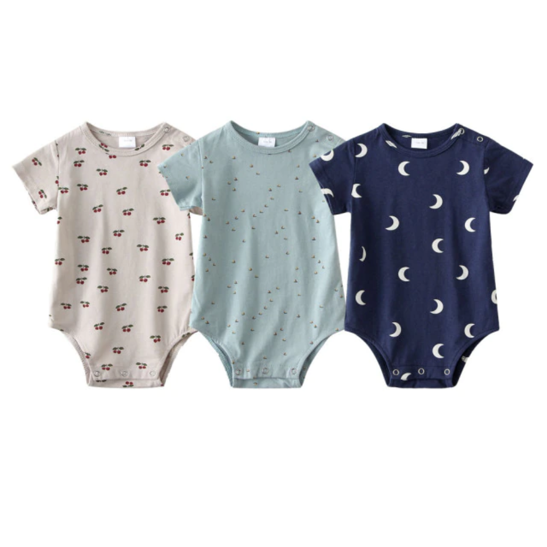 Unisex baby rompers 3-pack, soft cotton short-sleeve, elephant and cloud pattern for infants