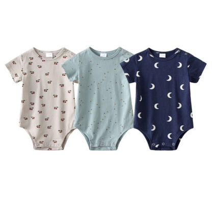 Unisex baby rompers 3-pack, soft cotton short-sleeve, elephant and cloud pattern for infants