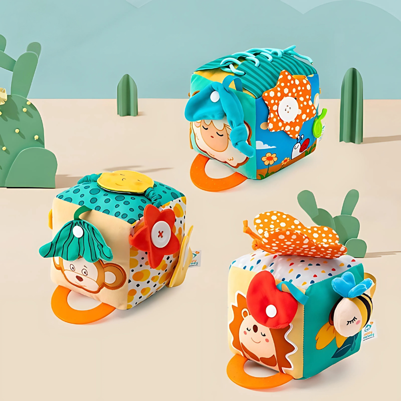 Unisex baby sensory activity cube with colorful fleece textures for learning & play, developing fine motor skills.