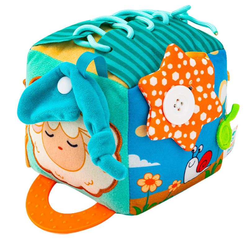 Bright sensory activity cube for babies, designed for engaging play & early skill development.