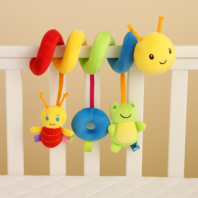 Unisex baby sensory spiral stroller toy with rattles and textures, promoting infant development on the go