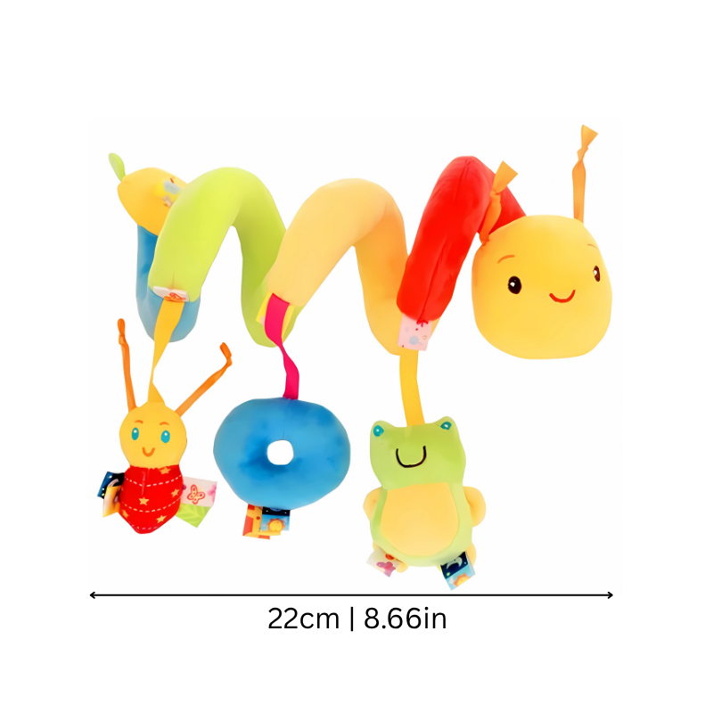 Soft, colorful unisex baby sensory activity toy for strollers, featuring spirals, sounds and tactile elements