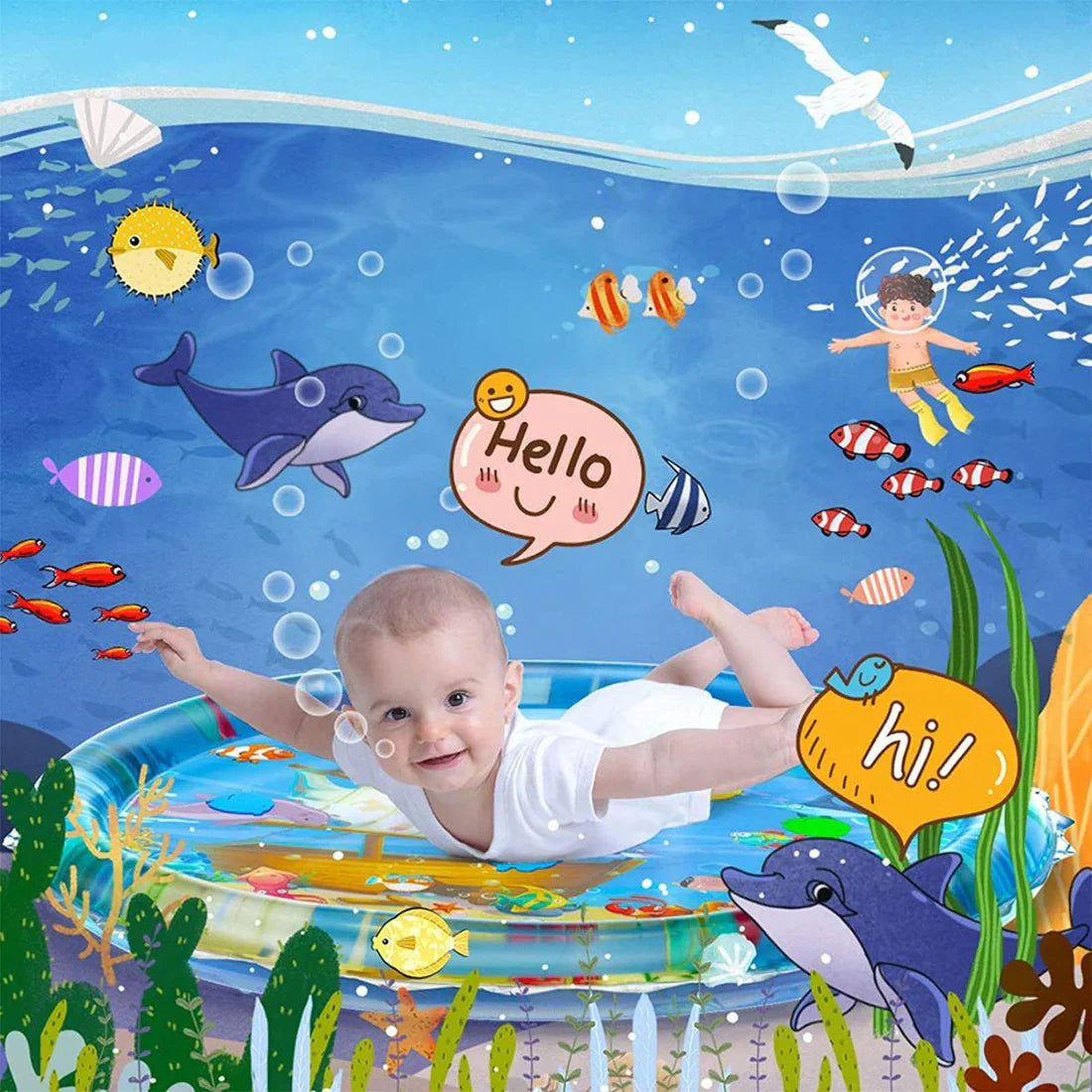 Unisex baby sensory water play mat with colorful floating ocean animals for tummy time fun