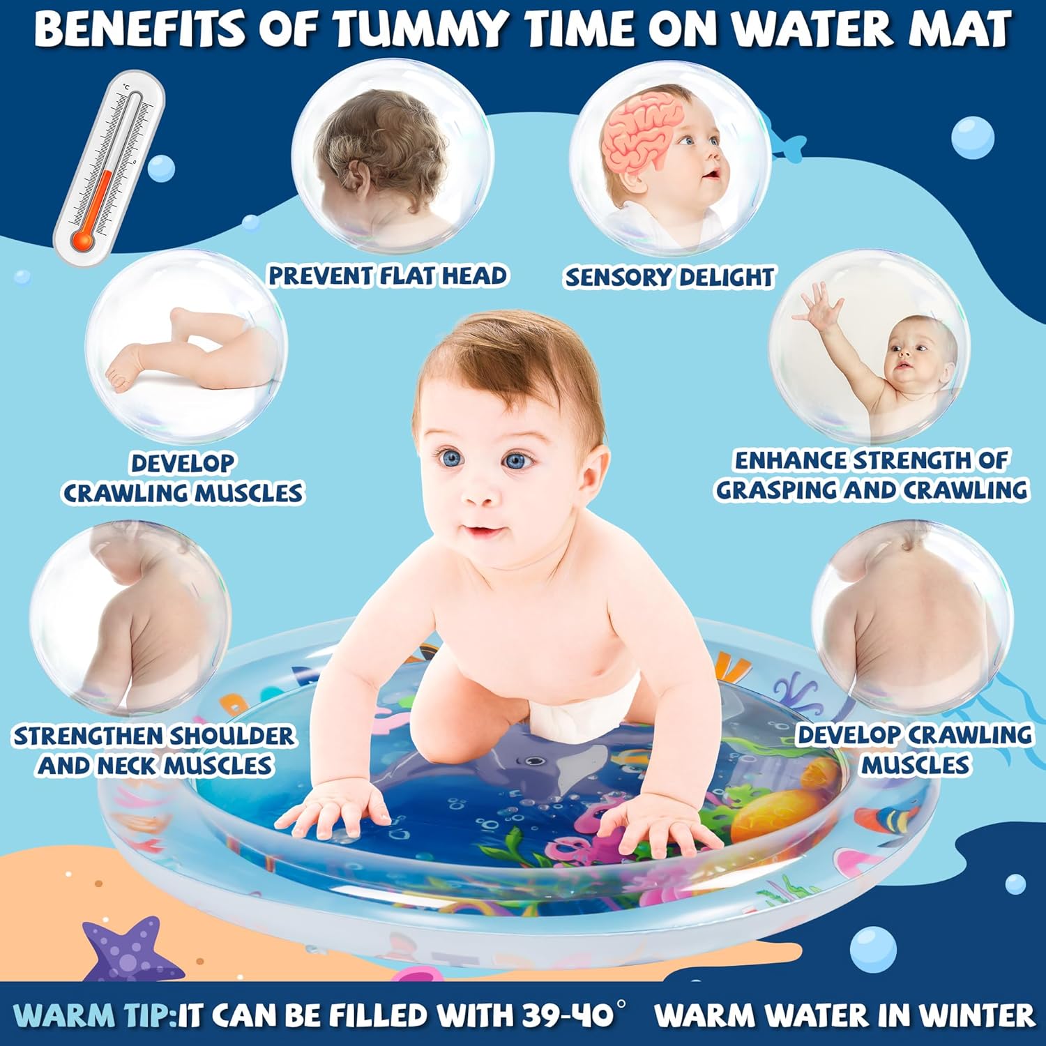 Newborn enjoying tummy time on a leak-proof sensory water mat with ocean animal patterns