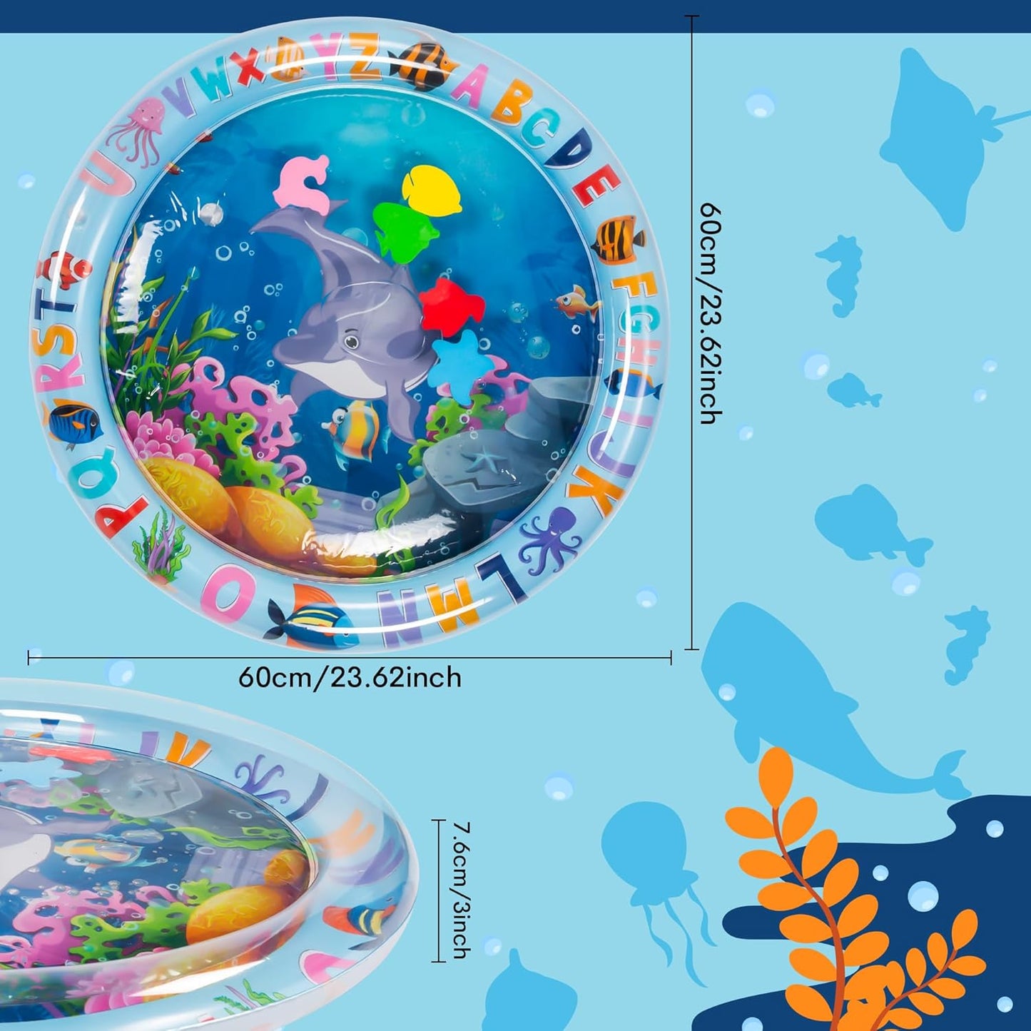 Durable baby water play mat with cushioned border, providing comfortable tummy time support