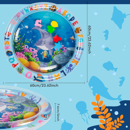 Durable baby water play mat with cushioned border, providing comfortable tummy time support