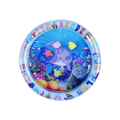 Close-up of baby on vibrant water play mat with marine life, ideal for sensory development