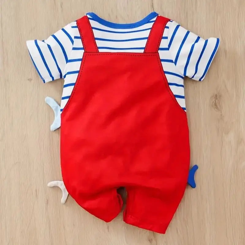 Close-up of Baby Shark print on unisex summer romper, soft polyester spandex infant bodysuit