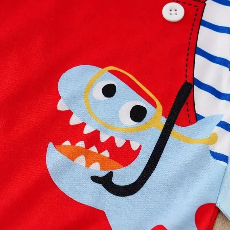 Smiling baby wearing Baby Shark jumpsuit, adorable and comfortable summer infant wear