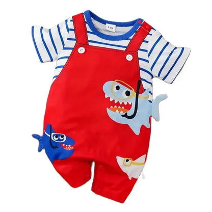 Back view of blue Baby Shark short-sleeve romper, soft and breathable baby fashion