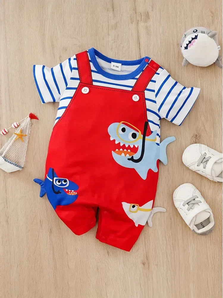Collection of Baby Shark summer rompers in various sizes, unisex infant bodysuits for warm weather
