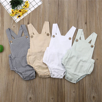 Eco-friendly cotton sleeveless romper for baby, featuring a simple, classic design