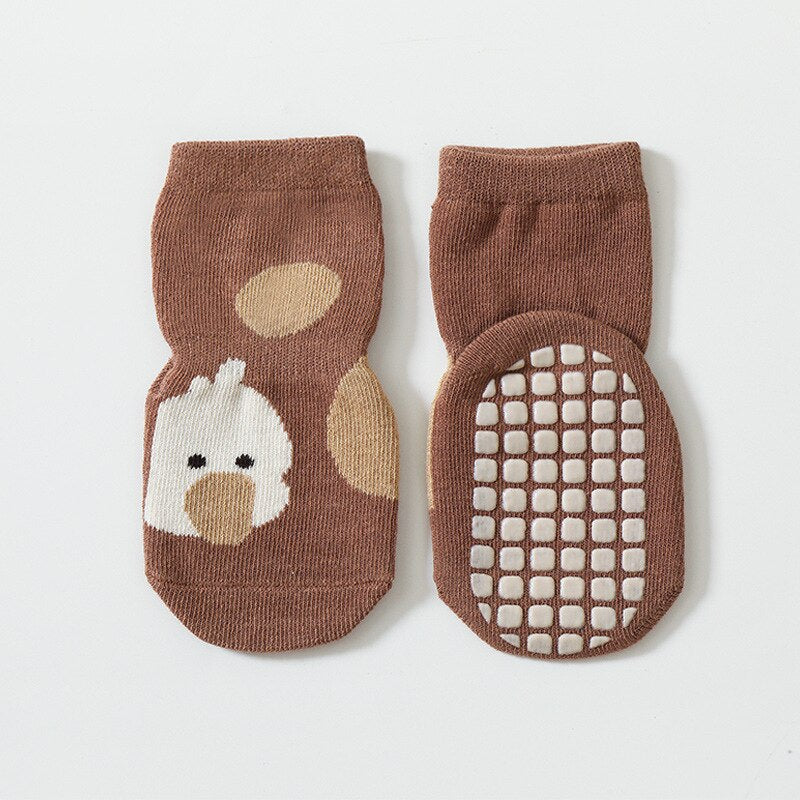 Unisex infant socks with joyful cartoon animal graphics and non-slip grip for young children