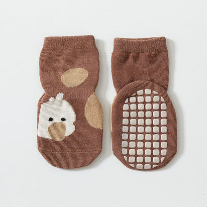 Unisex infant socks with joyful cartoon animal graphics and non-slip grip for young children
