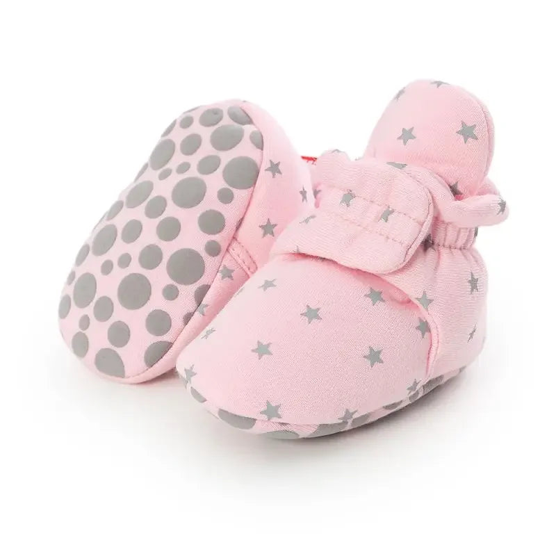 Newborn baby footwear, cotton-blend anti-slip crib shoes for safe crawling and walking.