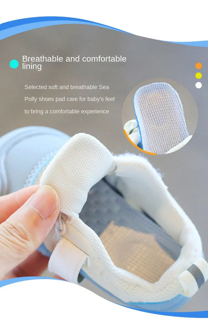Underneath view of an anti-skid soft sole baby shoe, showing traction for safe walking.