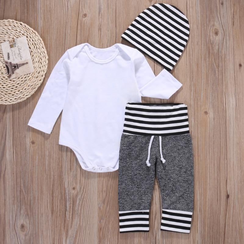 Striped baby romper, pants, and hat set for infants, comfortable unisex outfit