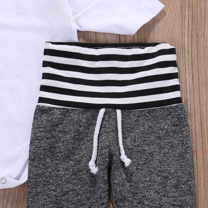 Soft cotton blend baby clothes: striped romper, matching pants, and hat set