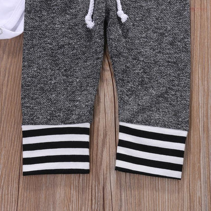 Adorable 3-piece striped baby outfit with romper, trousers, and beanie hat