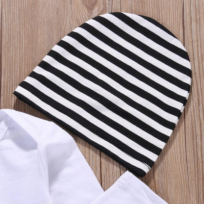 Unisex infant wear: striped baby romper and pant set with a cute matching hat