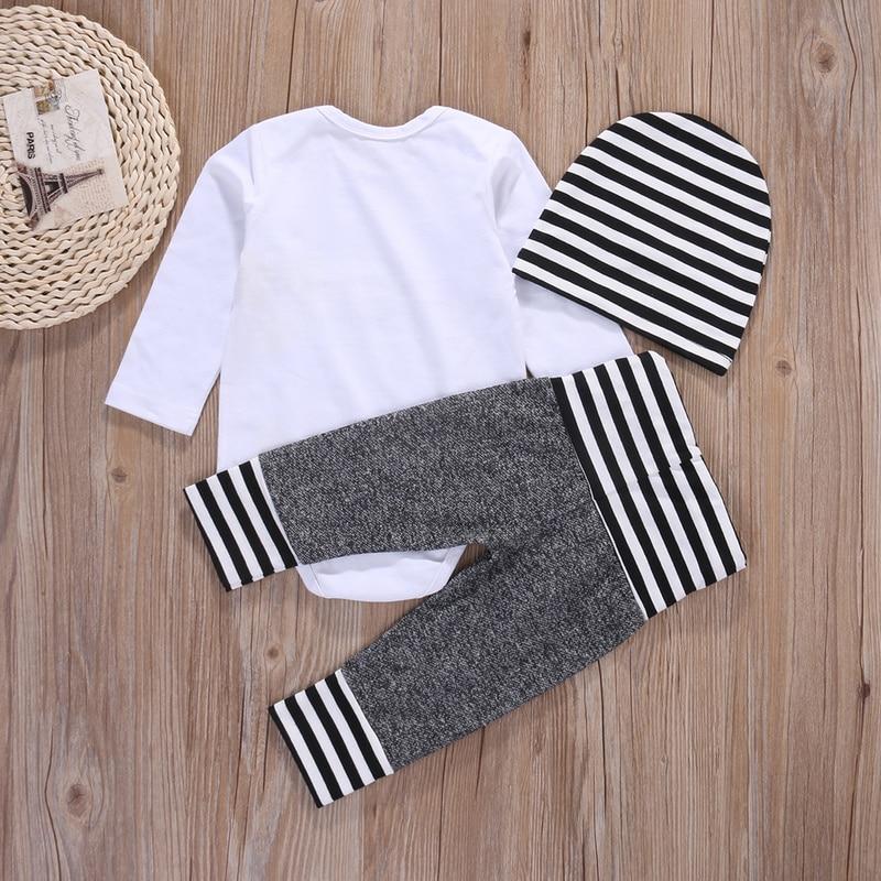 Cozy baby clothing set featuring a striped romper, pants, and hat for ultimate comfort