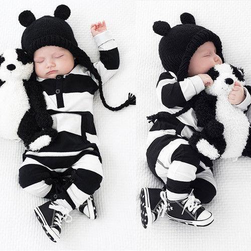 Unisex baby striped jumpsuit with hood, comfortable polyester romper for infants and toddlers