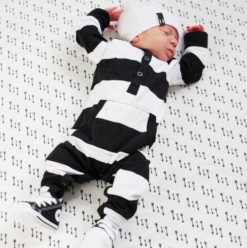 Cute baby striped romper in unisex design, a cozy polyester jumpsuit for cool weather