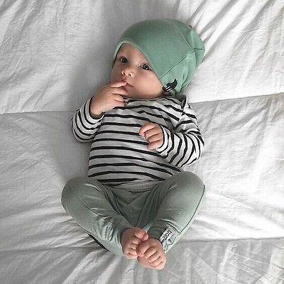 Unisex baby striped shirt, leggings, and hat set in soft cotton for cozy infant wear