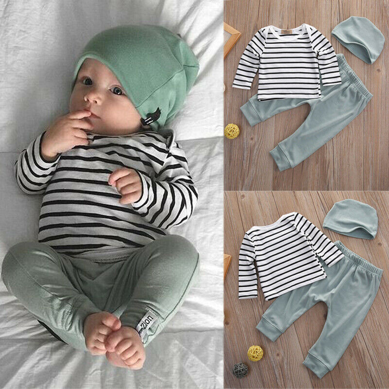 Gift for baby: comfortable unisex striped cotton clothing set with shirt, pants, and hat