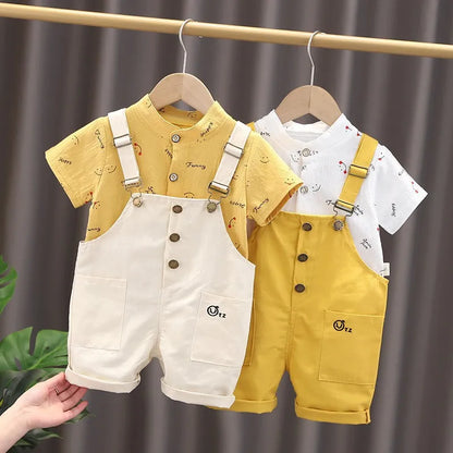 Unisex baby summer tracksuit set, short sleeve top & shorts, light blue cotton blend, casual playwear