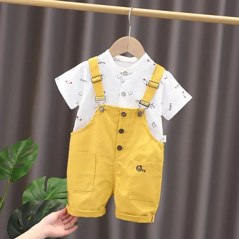Unisex kids summer outfit, yellow short sleeve tracksuit set for babies, soft cotton blend play clothes