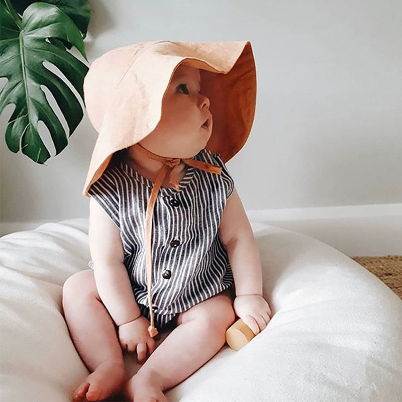 Children's summer sun hat, unisex, wide brim, cotton linen, windproof, ensuring infant sun care.