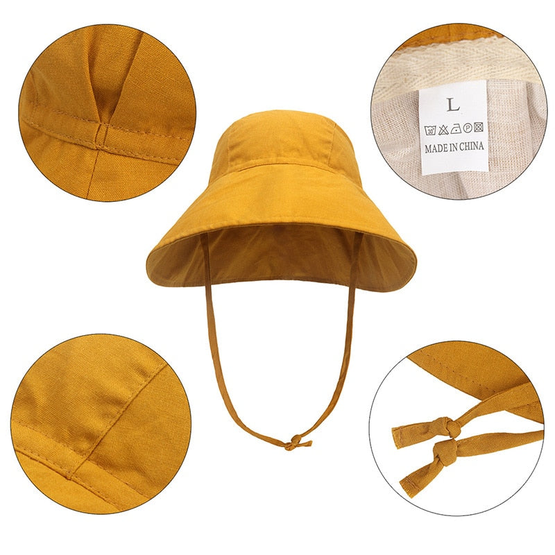 Baby beach wear hat, unisex, wide brim, cotton linen, windproof, essential for toddler sun protection.