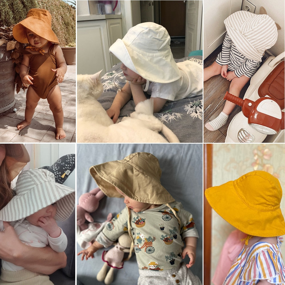 Kids wide brim sun hat, unisex design, cotton linen, ideal for children's summer outdoor play and infant care.