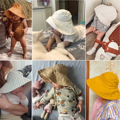 Kids wide brim sun hat, unisex design, cotton linen, ideal for children's summer outdoor play and infant care.