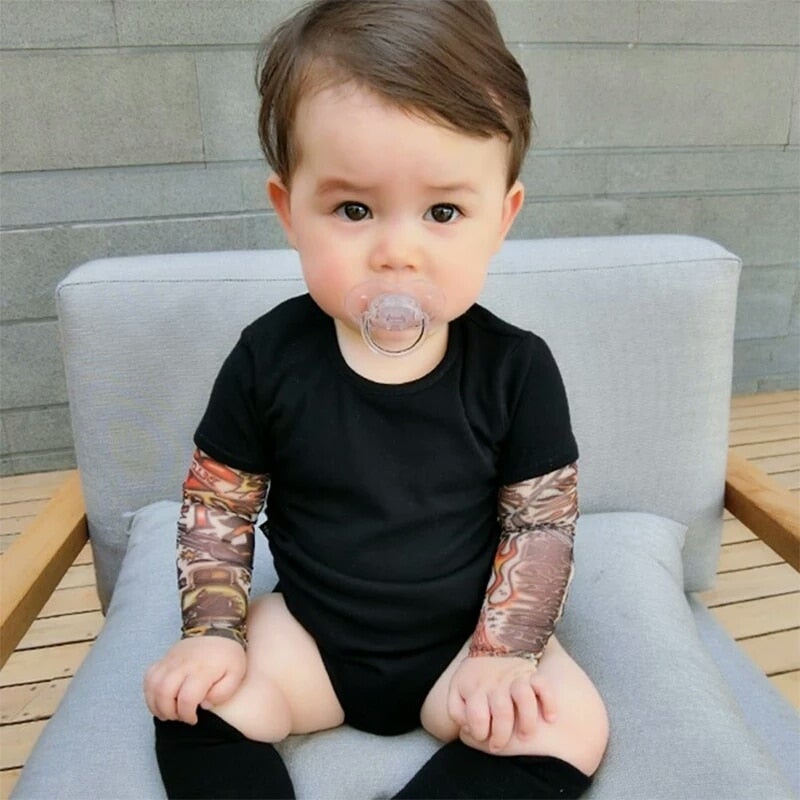 Unisex baby tattoo sleeve bodysuit, black, soft cotton for infants