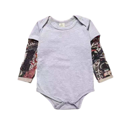 Novelty baby fashion: front view of a unisex baby tattoo sleeve bodysuit