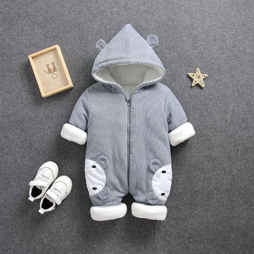 Unisex baby thick warm hooded romper with cozy animal design jumpsuit, perfect for infant apparel