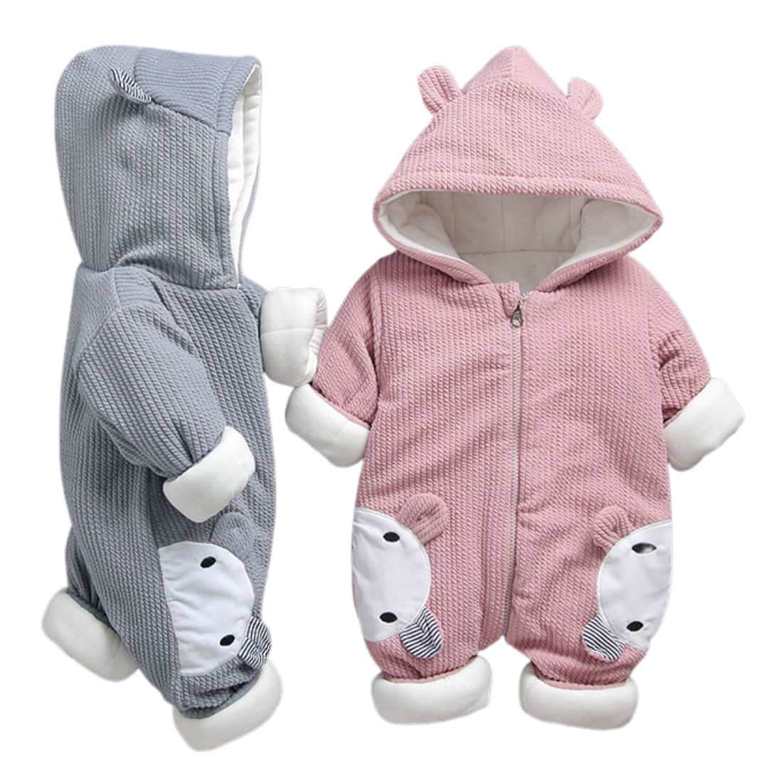 Toddler wearing a soft, thick hooded animal jumpsuit, a cozy unisex baby outfit