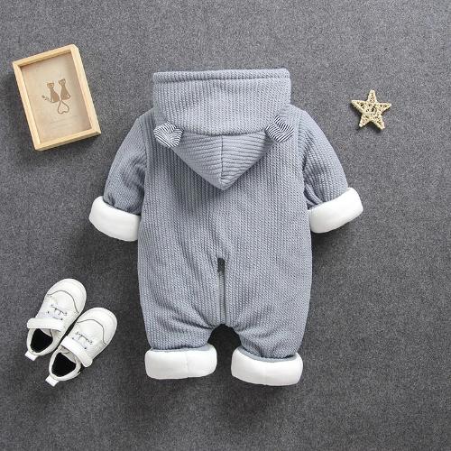 Front view of an infant animal design hooded romper, warm and comfy for baby